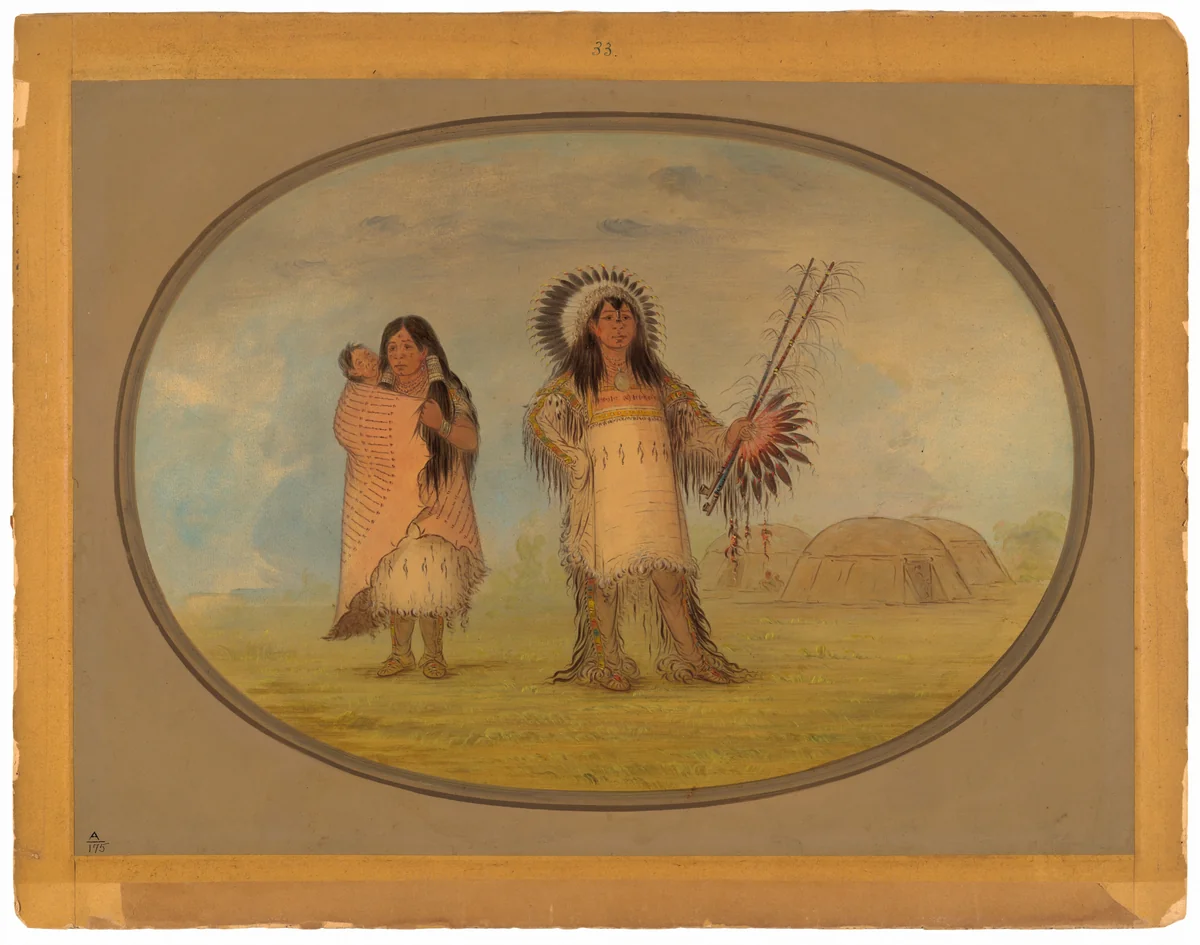 Mandan Civil Chief, His Wife, and Child by George Catlin, painting, 1861-1869