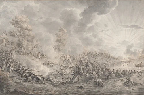 Battle by a River by Dirk Langendijk, drawing, 1780