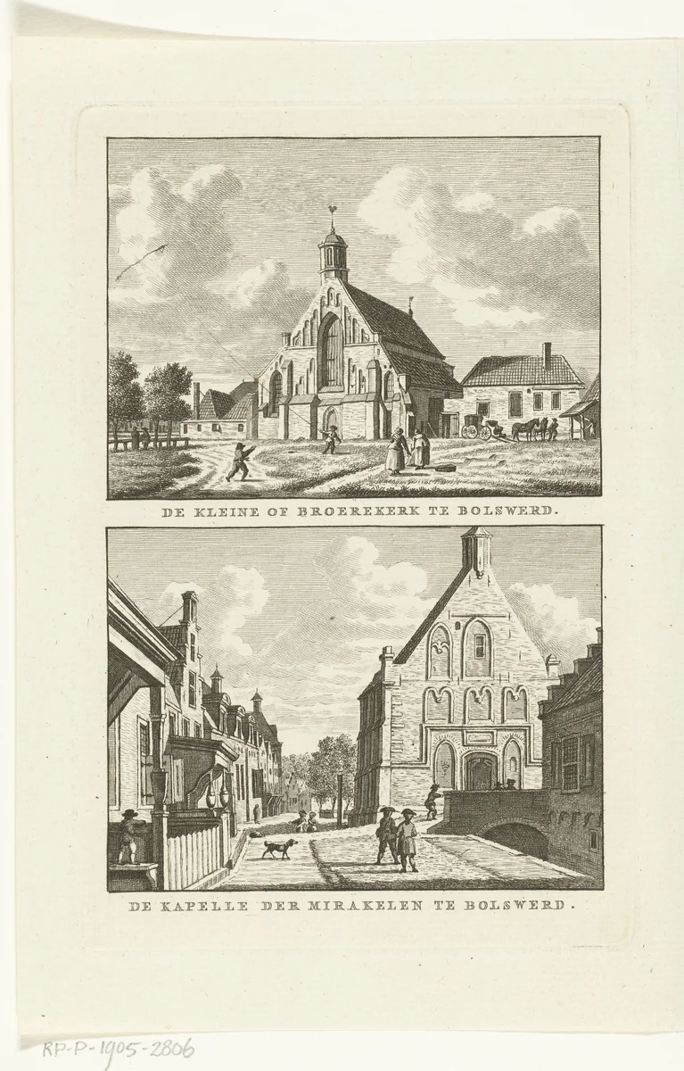 Twee dorpsgezichten te Bolsward: Broerekerk en kapel van het mirakelbeeld by Carel Frederik Bendorp, print, 1786-1792