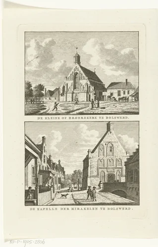 Twee dorpsgezichten te Bolsward: Broerekerk en kapel van het mirakelbeeld by Carel Frederik Bendorp, print, 1786-1792