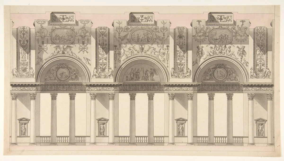 Section of a "Galerie dans le palais d'un souverain" by Charles Pierre Joseph Normand, drawing, 1786-1796