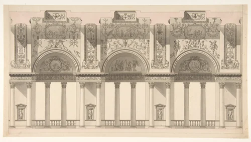 Section of a "Galerie dans le palais d'un souverain" by Charles Pierre Joseph Normand, drawing, 1786-1796