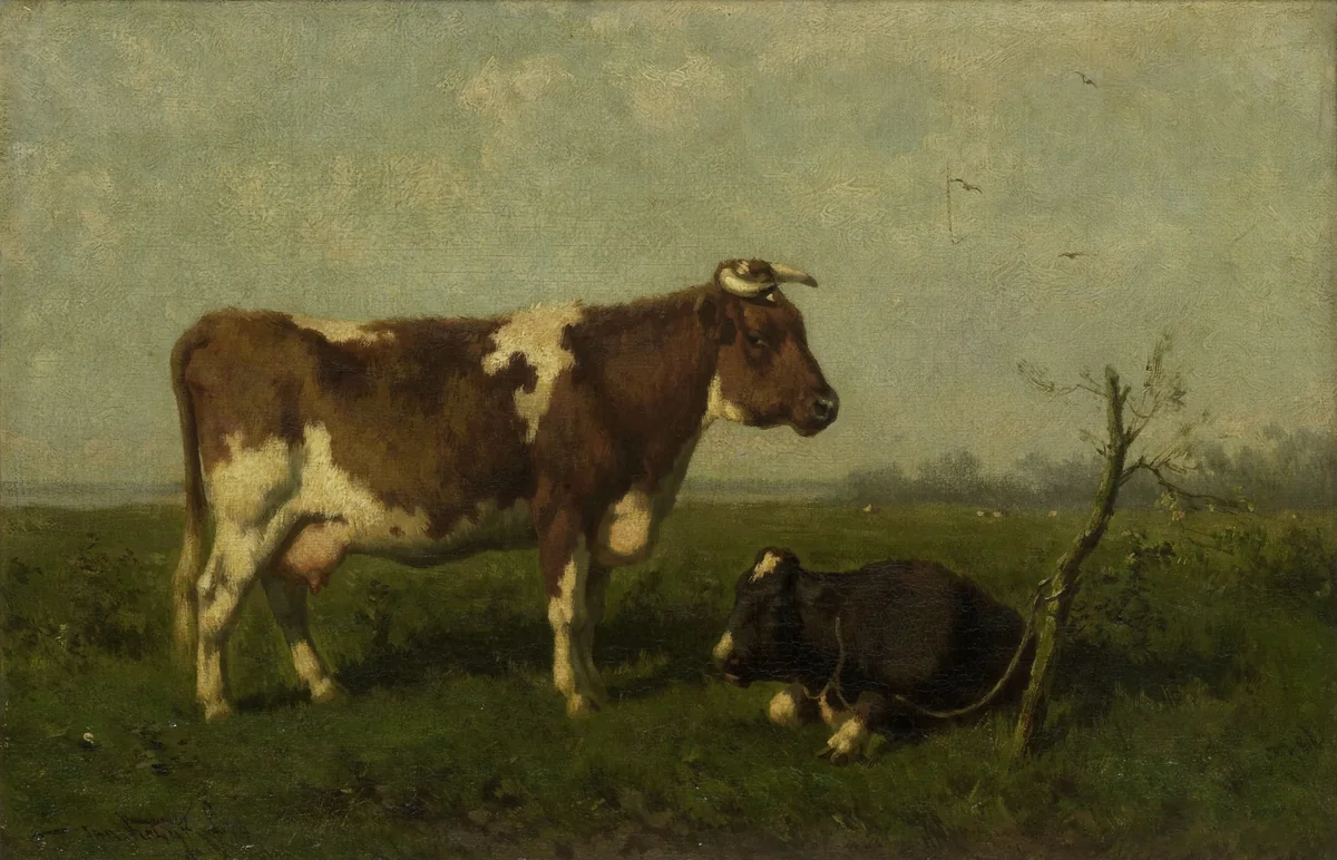 A Cow with her Calf in a Meadow by Jan Vrolijk, painting, 1879