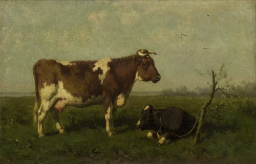 A Cow with her Calf in a Meadow by Jan Vrolijk, painting, 1879