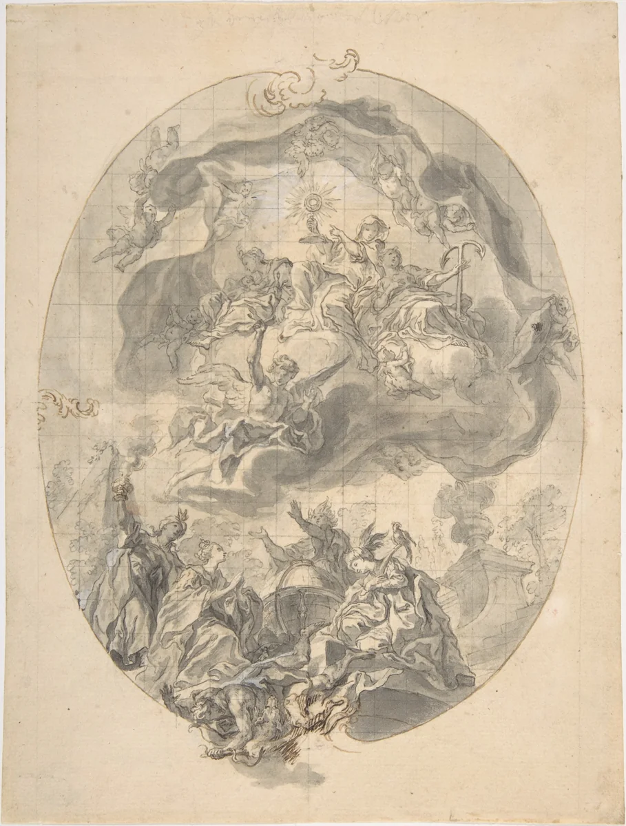 Veneration of the Eucharist by the Peoples of the World (Allegories of the Four Continents) by Gottfried Bernhard Goetz, drawing, 1720-1774