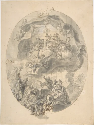 Veneration of the Eucharist by the Peoples of the World (Allegories of the Four Continents) by Gottfried Bernhard Goetz, drawing, 1720-1774