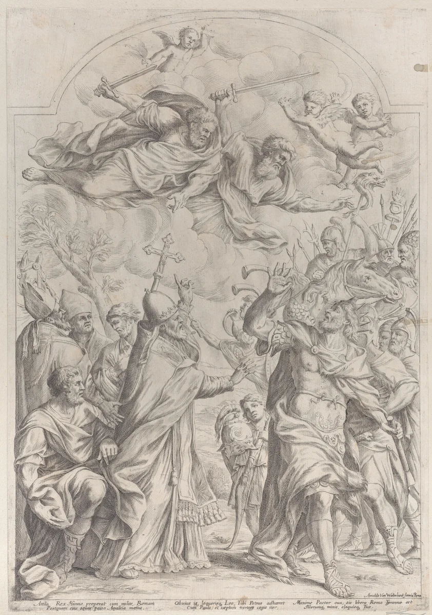 Pope Leo repulses Atilla from the gates of Rome and points to Saints Peter and Paul overhead by Giuseppe Maria Mitelli, print, 1670-1718