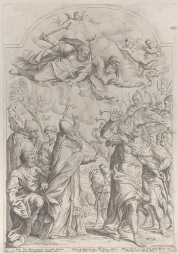 Pope Leo repulses Atilla from the gates of Rome and points to Saints Peter and Paul overhead by Giuseppe Maria Mitelli, print, 1670-1718