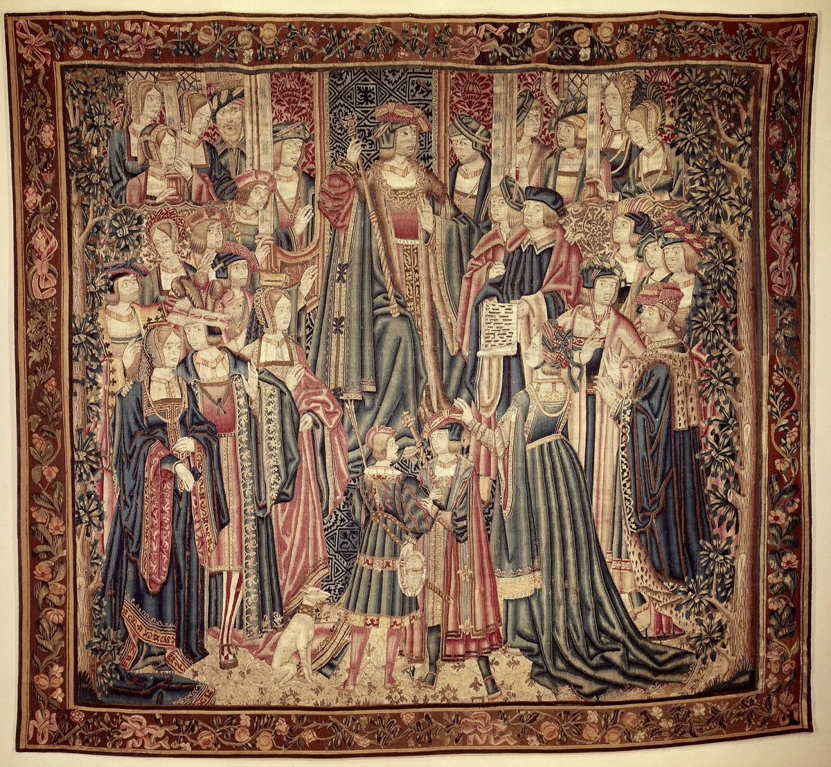 Hofscène met een vorst op de troon, omringd door hovelingen by anonymous, textile, 1500-1525