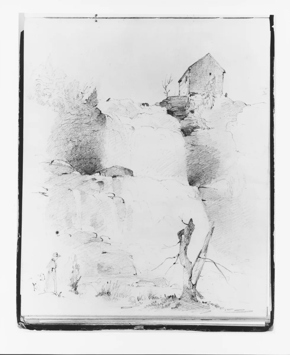 Landscape with Waterfall and Figures (from Sketchbook) by Francis William Edmonds, artwork, 1835-1839