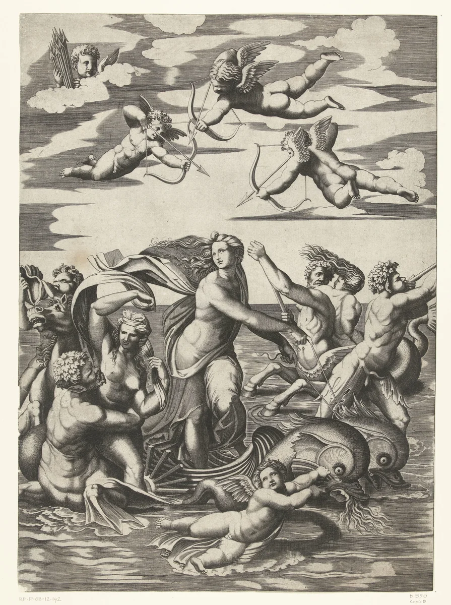 Triomf van Galatea met tritons en nereïden en putti by anonymous, print, 1515-1582