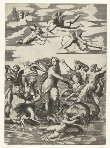 Triomf van Galatea met tritons en nereïden en putti by anonymous, print, 1515-1582