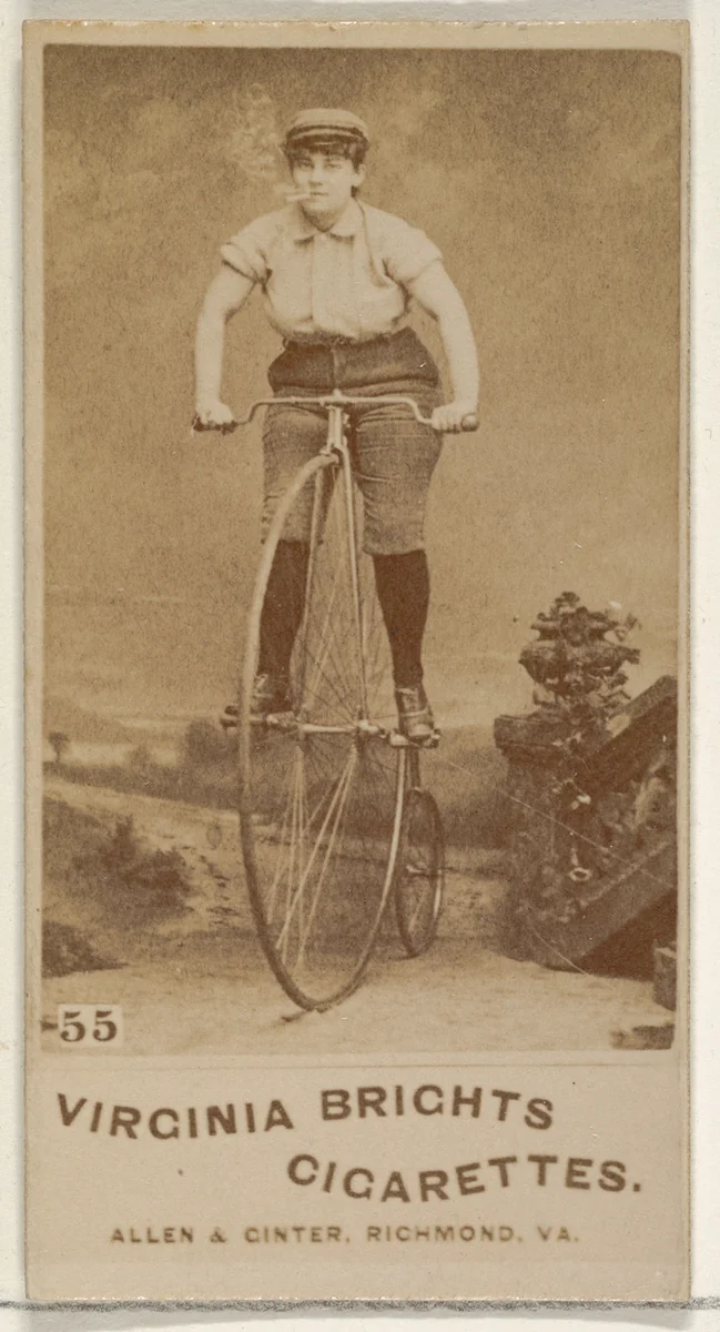 Card 55, from the Girl Cyclists series (N49) for Virginia Brights Cigarettes by Allen & Ginter, photograph, 1887