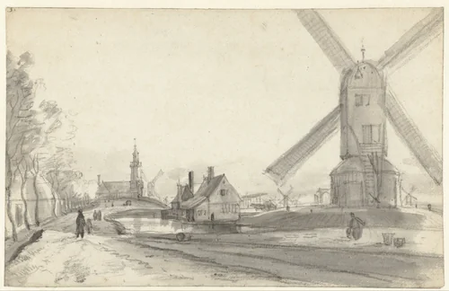 View of the Bulwark De Westerbeer, with the Mill De Beer, near the Haarlemmerpoort, Amsterdam by Roelant Roghman, drawing, 1650