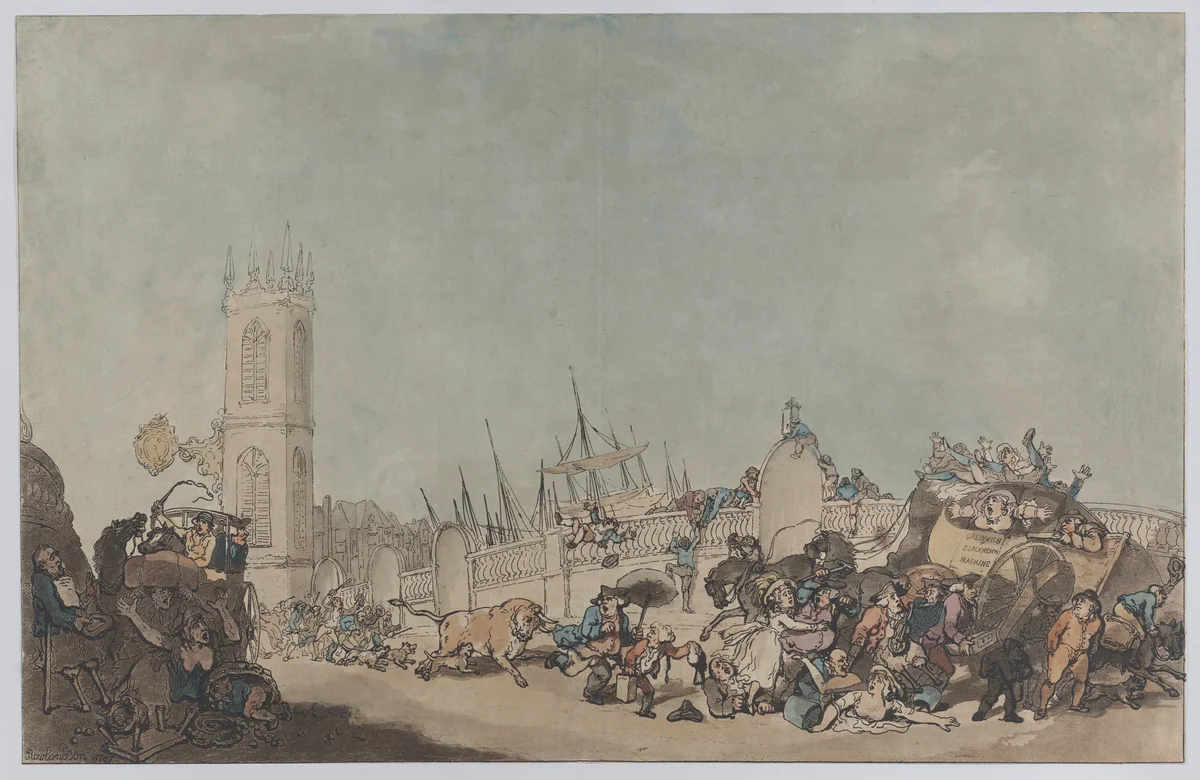 The Overdrove Ox (Mad Bull on Westminster Bridge) by Thomas Rowlandson, print, 1787-1790