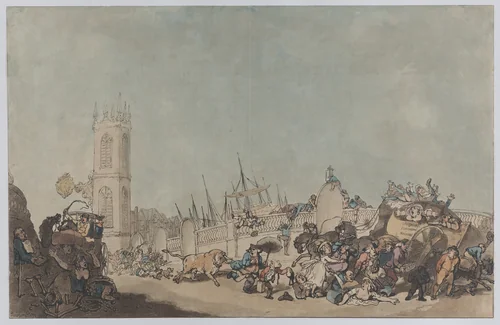 The Overdrove Ox (Mad Bull on Westminster Bridge) by Thomas Rowlandson, print, 1787-1790