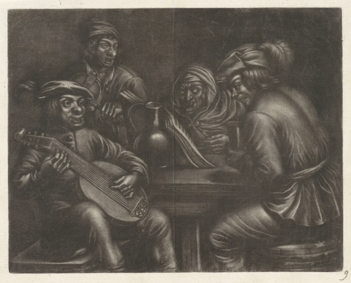 Musicerende mannen aan een tafel by Jan van Somer, print, 1655-1700