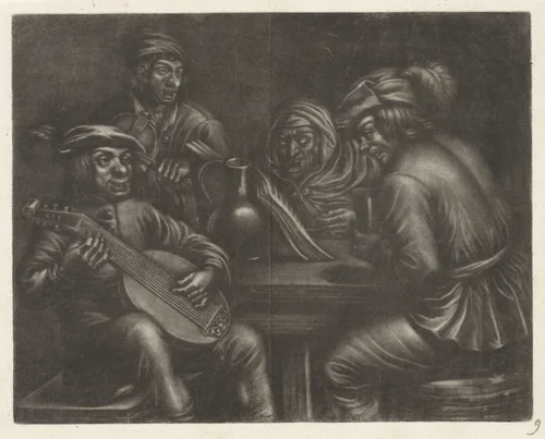 Musicerende mannen aan een tafel by Jan van Somer, print, 1655-1700