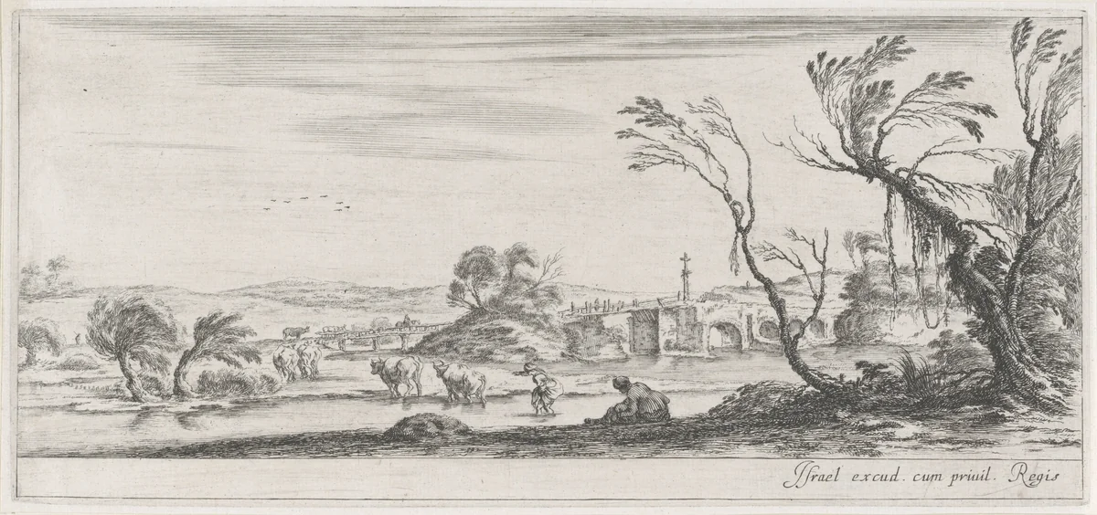 Boerinnen steken met kudde rivier over by Stefano della Bella, print, 1620-1664