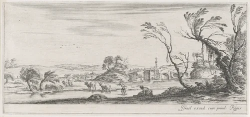 Boerinnen steken met kudde rivier over by Stefano della Bella, print, 1620-1664