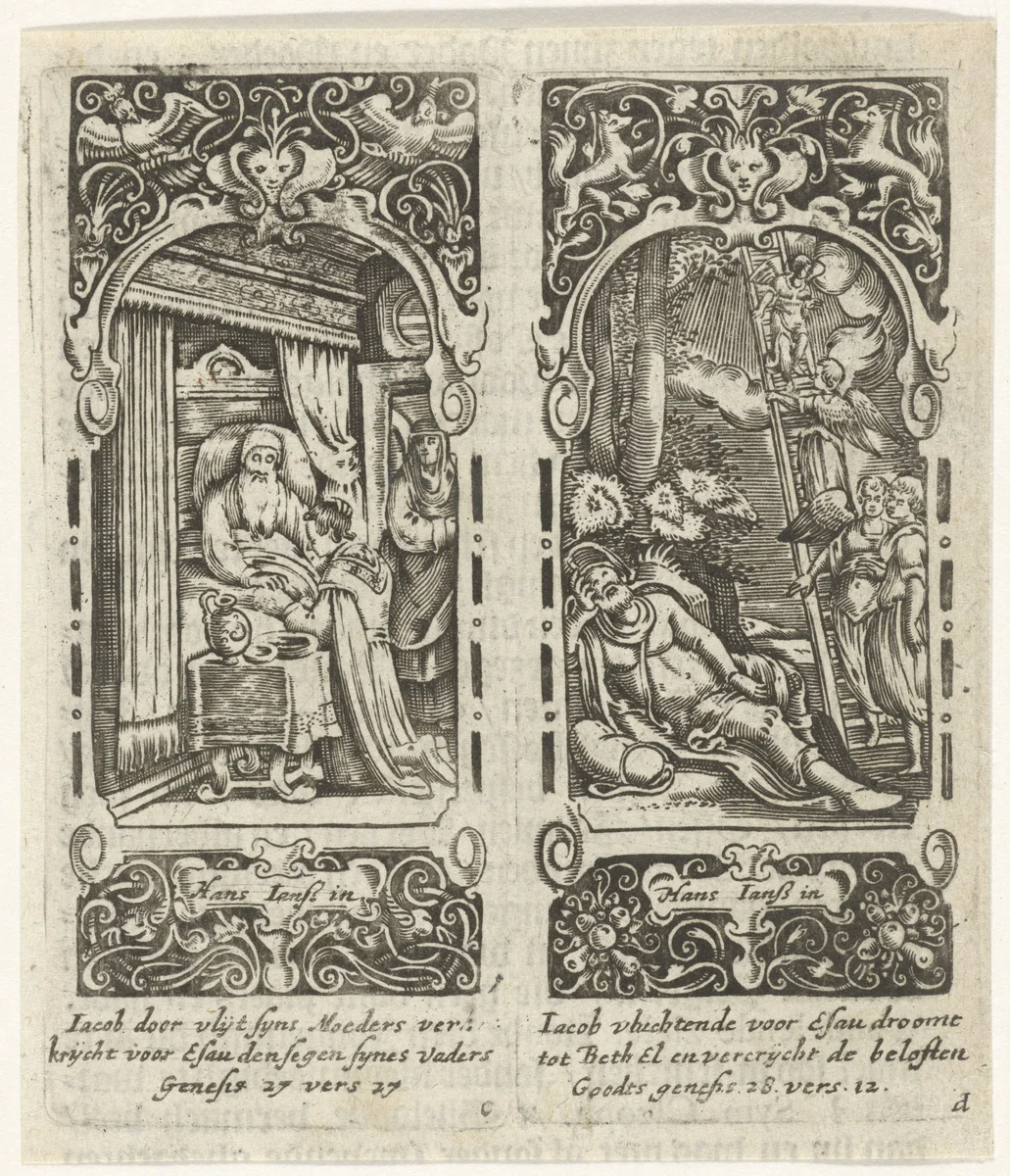 Isaak zegent Jakob / De droom van Jakob by anonymous, print, 1615-1651