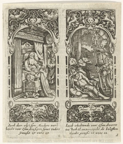 Isaak zegent Jakob / De droom van Jakob by anonymous, print, 1615-1651