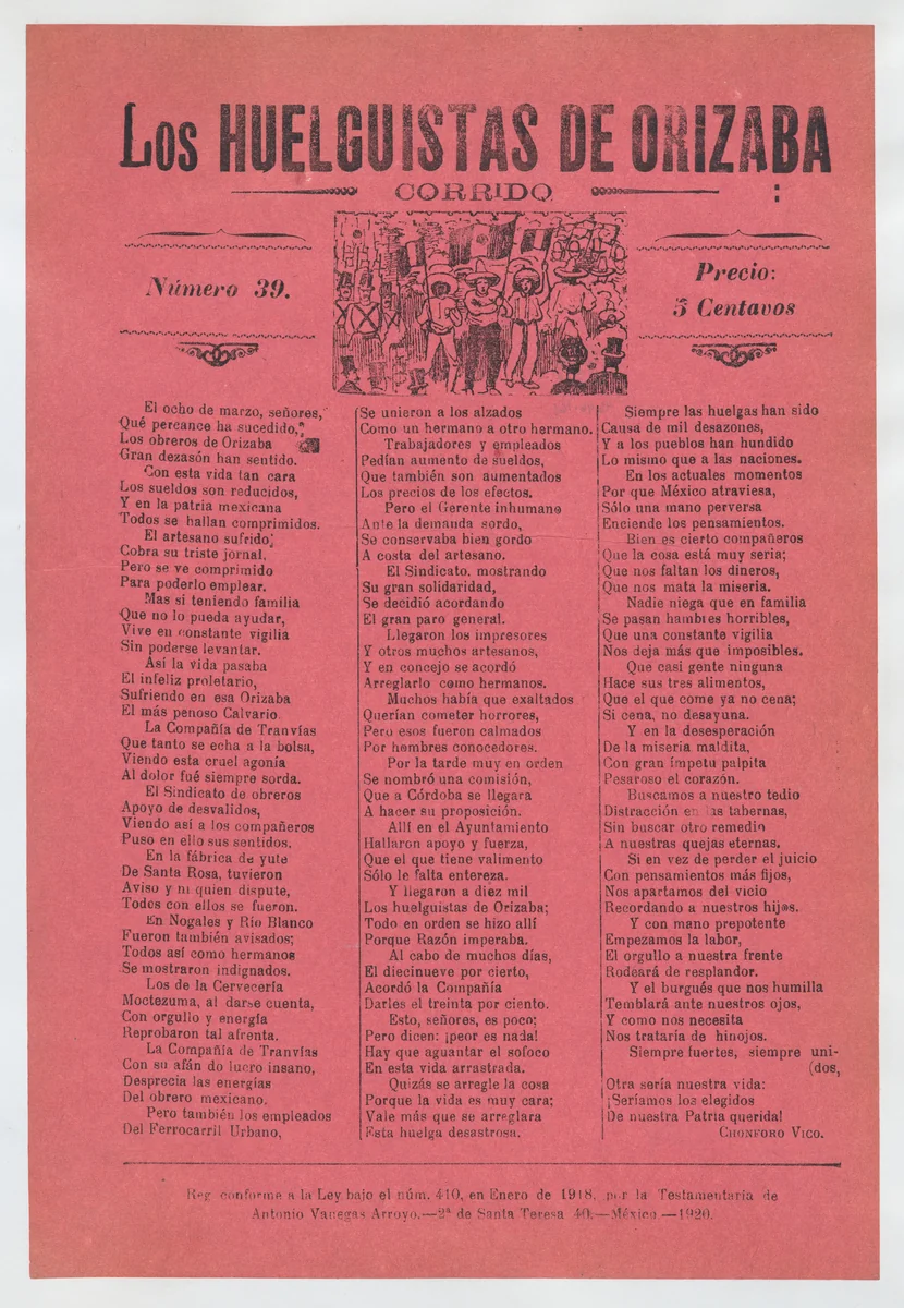 Broadsheet relating to a worker's strike in Orizaba, workers holding up the Mexican flag, flanked by soldiers by José Guadalupe Posada, print, 1920