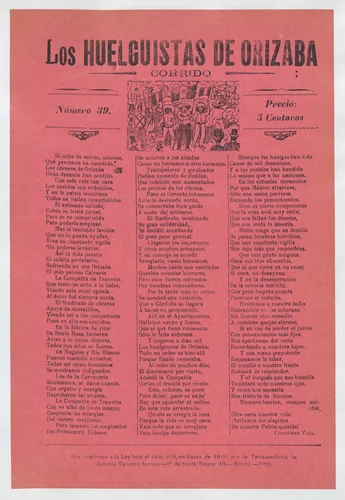 Broadsheet relating to a worker's strike in Orizaba, workers holding up the Mexican flag, flanked by soldiers by José Guadalupe Posada, print, 1920