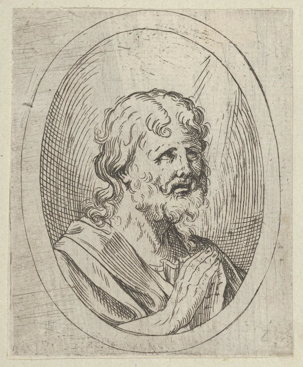An apostle raising his eyes in prayer, in an oval frame, from "Christ, the Virgin, and Thirteen Apostles" by anonymous, print, 1595-1645