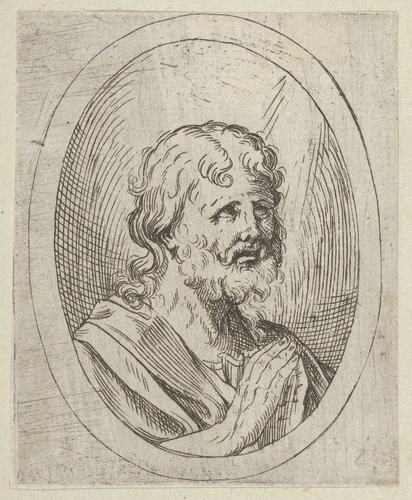 An apostle raising his eyes in prayer, in an oval frame, from "Christ, the Virgin, and Thirteen Apostles" by anonymous, print, 1595-1645