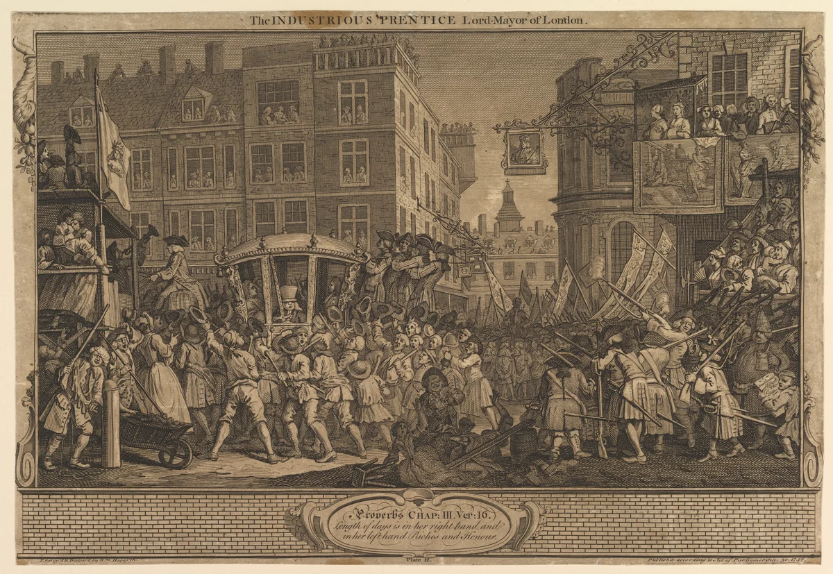 The Industrious 'Prentice Lord Mayor of London: Industry and Idleness, plate 12 by William Hogarth, print, 1747