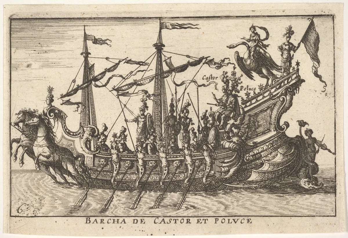 Plate 6: Ship of Castor and Pollux (Barcha de Castor et Poluce), from "The magnificent pageant on the river Arno in Florence for the marriage of the Grand Duke" (Le Magnifique carousel fait sur le fleuve de l'Arne a Florence, pour le mariage du Grand Duc) by anonymous, print, 1664