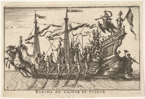 Plate 6: Ship of Castor and Pollux (Barcha de Castor et Poluce), from "The magnificent pageant on the river Arno in Florence for the marriage of the Grand Duke" (Le Magnifique carousel fait sur le fleuve de l'Arne a Florence, pour le mariage du Grand Duc) by anonymous, print, 1664