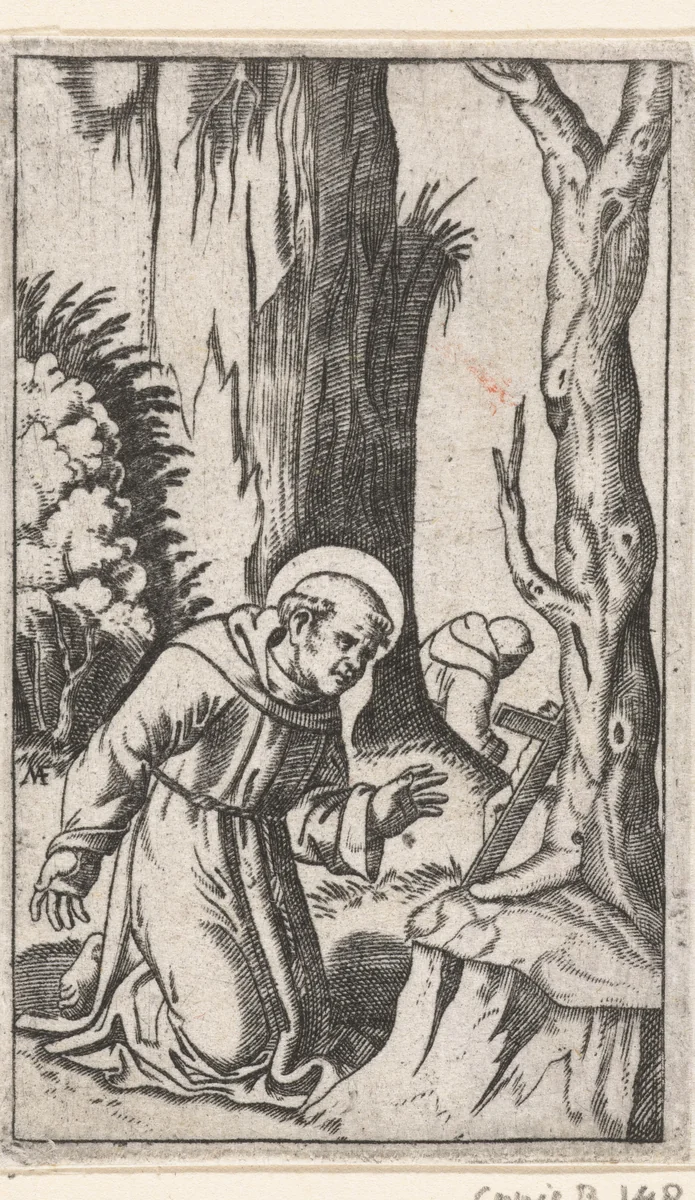Heilige Franciscus van Assisi knielend voor crucifix by anonymous, print, 1500-1575