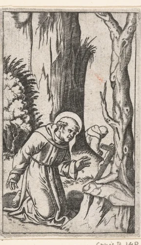 Heilige Franciscus van Assisi knielend voor crucifix by anonymous, print, 1500-1575