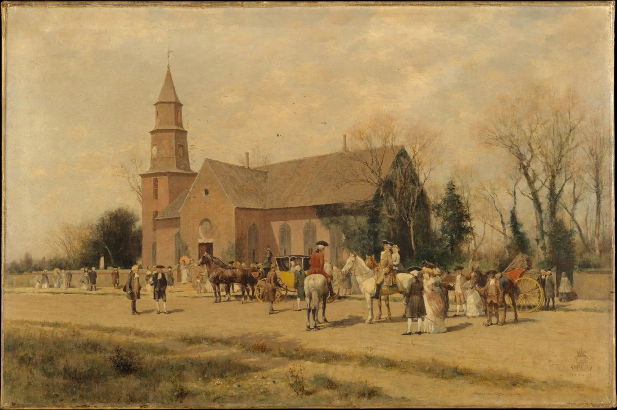 Old Bruton Church, Williamsburg, Virginia, in the Time of Lord Dunmore by Alfred Wordsworth Thompson, artwork, 1893