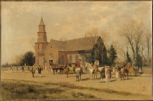 Old Bruton Church, Williamsburg, Virginia, in the Time of Lord Dunmore by Alfred Wordsworth Thompson, artwork, 1893