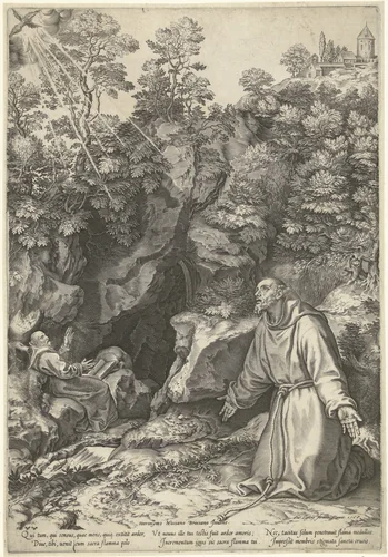 Franciscus ontvangt de stigmata by Unknown, print, 1568