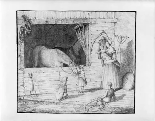 Mother and Children in a Stable (from Hosack Album) by David Hosack, artwork, 1843-1846