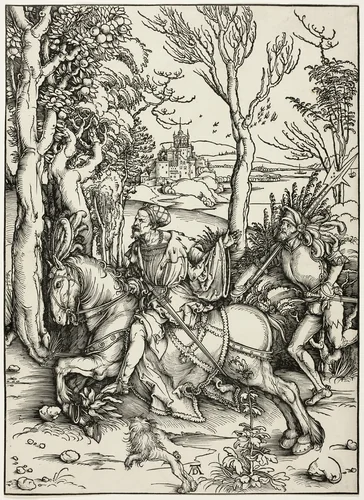 Knight and Landsknecht by Albrecht Dürer, print, 1496
