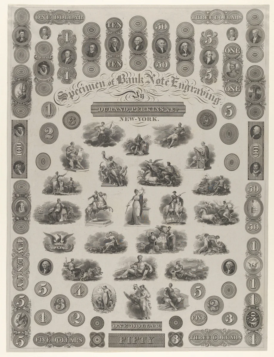 Specimen Sheet of Bank Note Engraving by Asher Brown Durand, print, 1823-1833