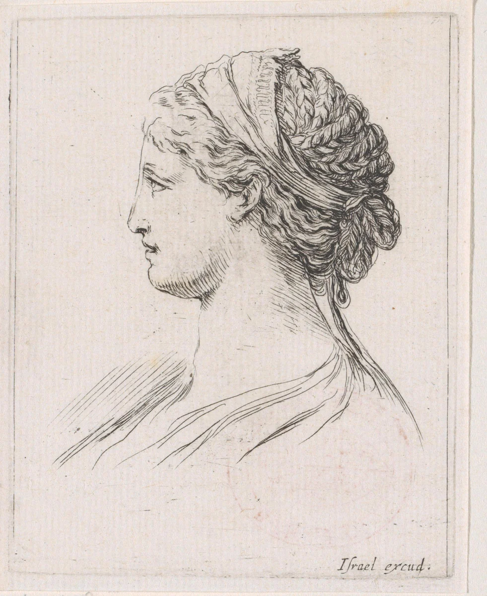 Hoofd van een vrouw met gevlochten haren, in profiel naar links by Stefano della Bella, print, 1650