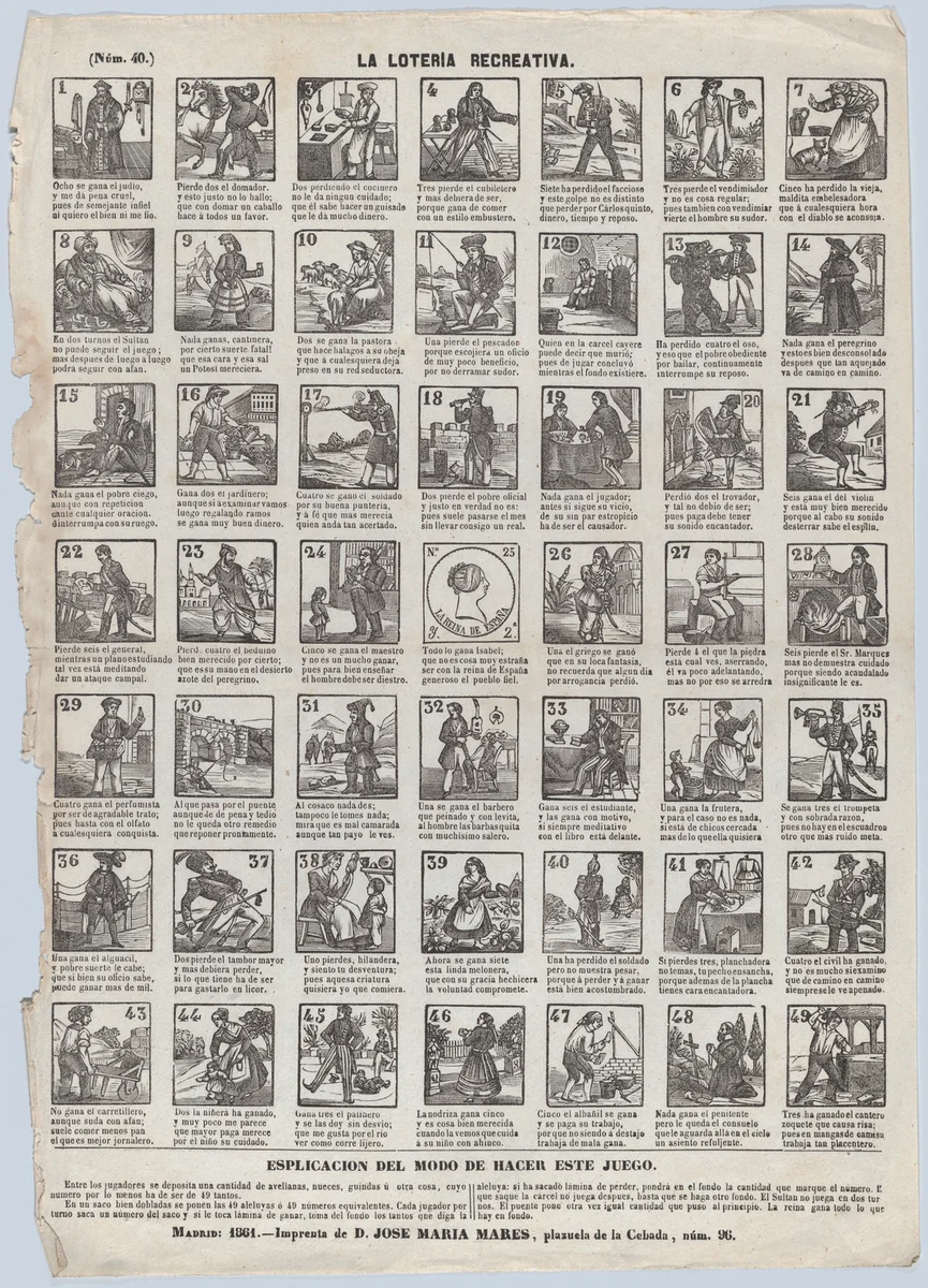 Broadside with 48 scenes for a game of recreational lottery by José María Marés, print, 1861