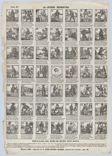 Broadside with 48 scenes for a game of recreational lottery by José María Marés, print, 1861