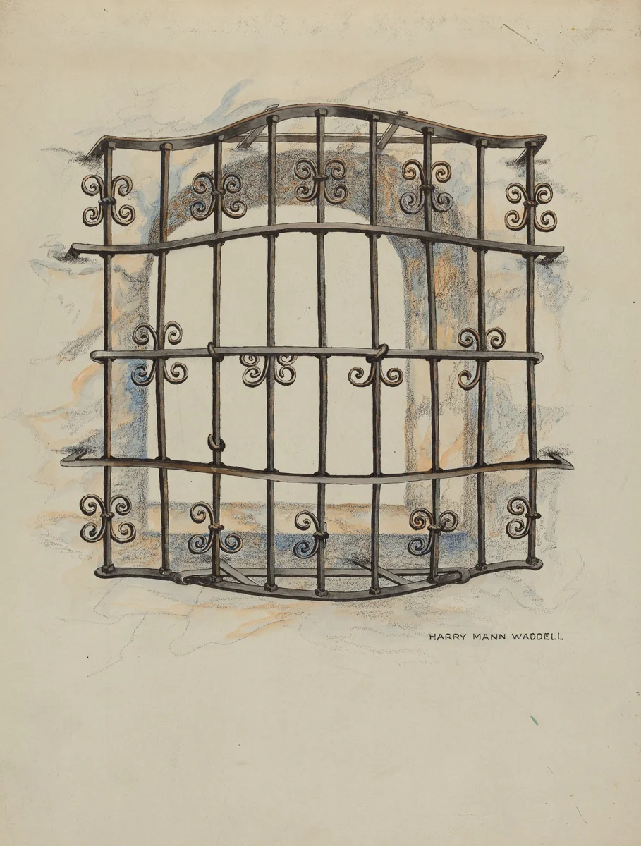 Iron Grille at Window: Restoration Drawing by Harry Mann Waddell, index of american design, 1936