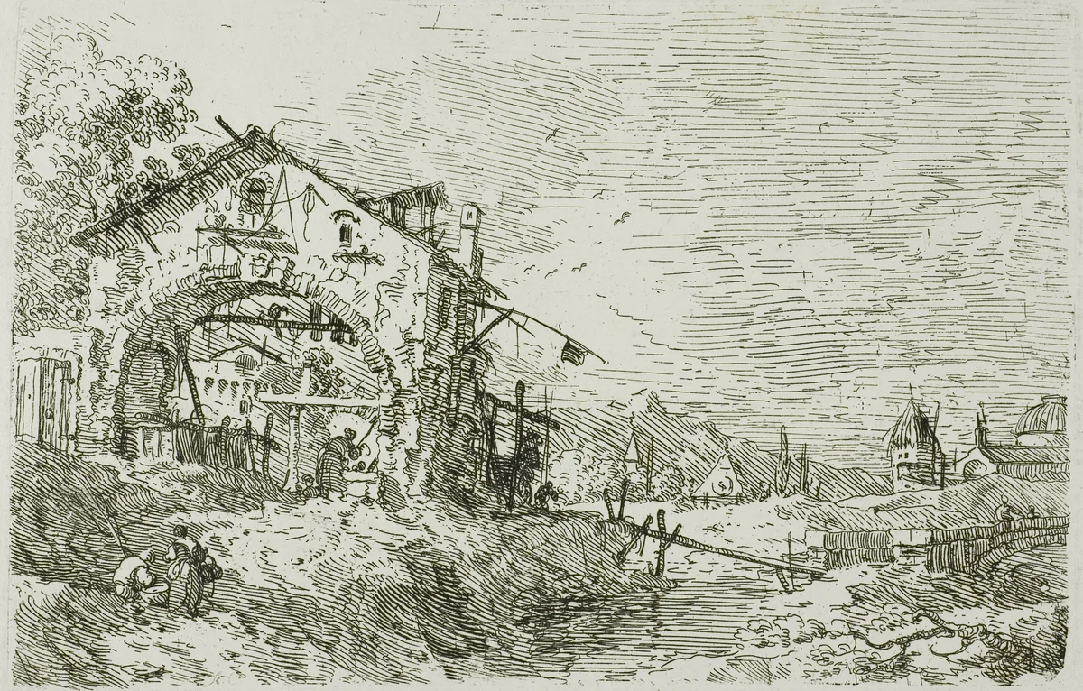 Landscape with a Woman at a Well, from Vedute by Canaletto, print, 1735-1744