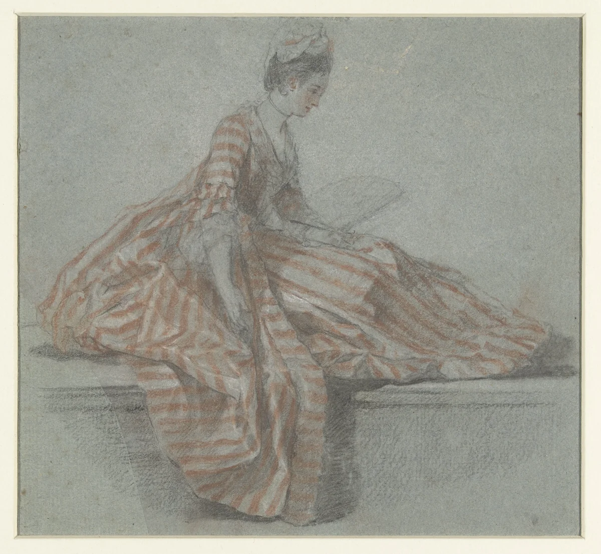 Zittende dame op een balustrade by Michel Barthélémy Ollivier, drawing, 1722-1784