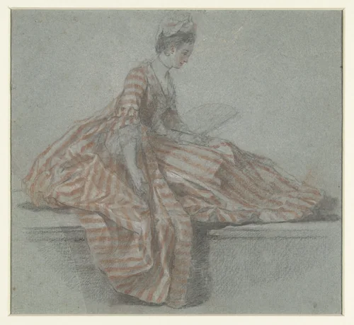 Zittende dame op een balustrade by Michel Barthélémy Ollivier, drawing, 1722-1784