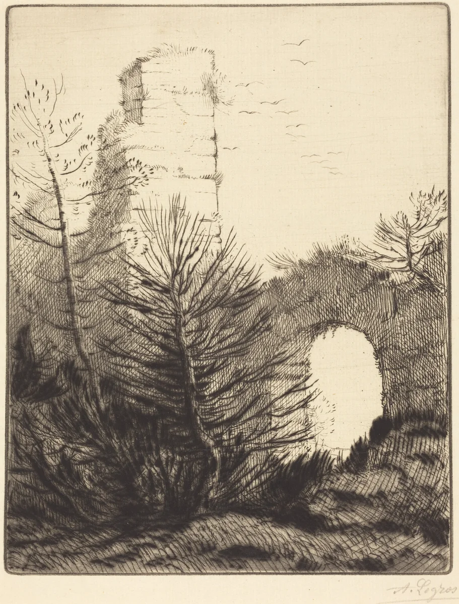 Ruins of a Monastery (Les ruines du monastere) by Alphonse Legros, print, 1837-1911