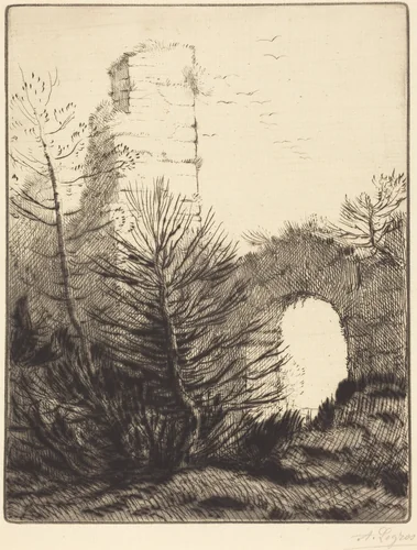 Ruins of a Monastery (Les ruines du monastere) by Alphonse Legros, print, 1837-1911